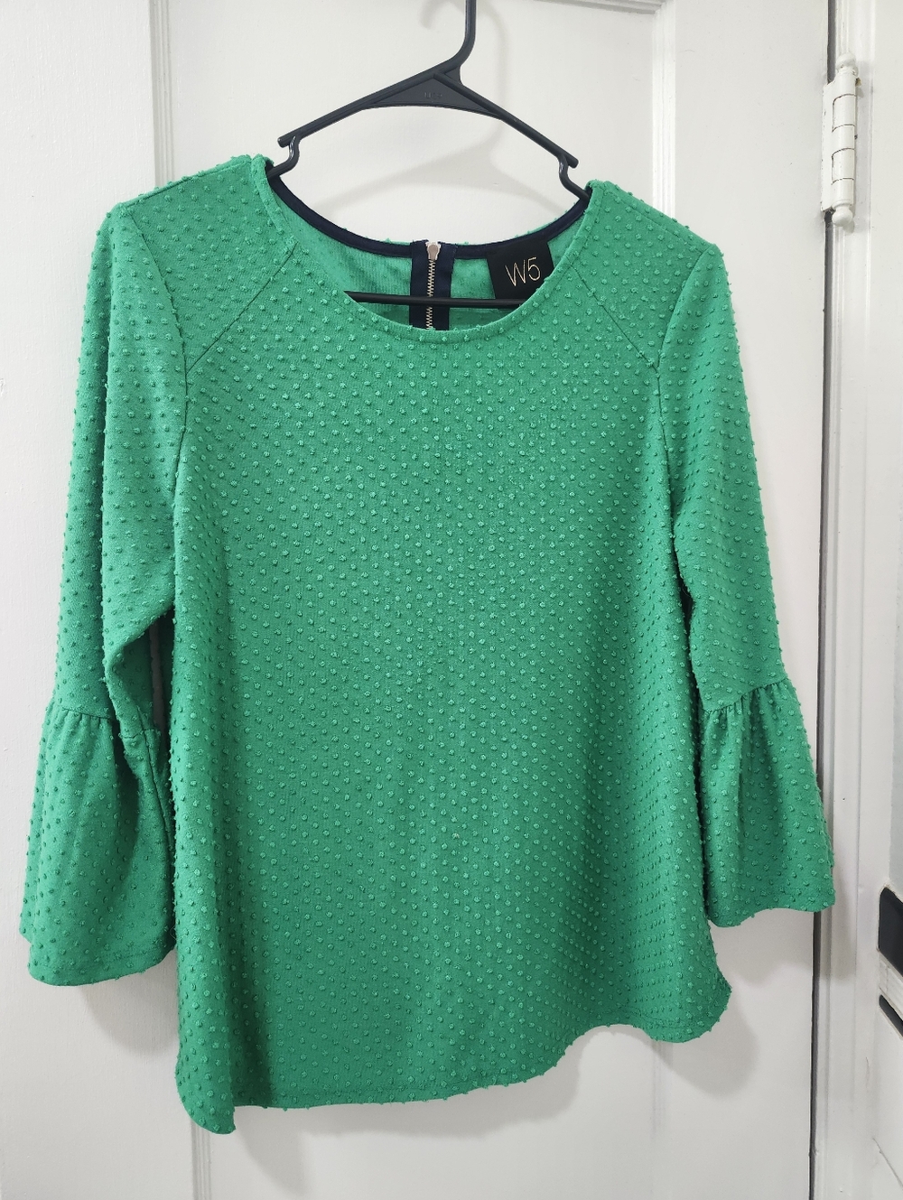 W5 Emerald Green Swiss Dot Bell Sleeve Top